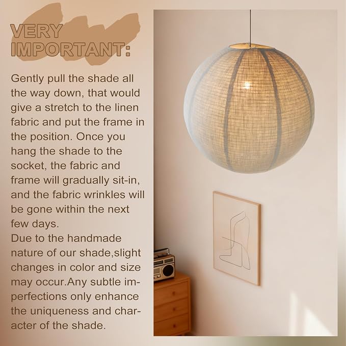 20 Inch Linen Plug in Pendant Light with 191 Inch Cord E26 Socket | Handcrafted, Round Hanging Lamp Shade, Natural, Boho, Japanese Wabi Sabi, Minimalist, Bedroom Living Room