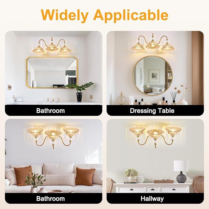 Mid Century Bathroom Light Fixtures 3 Lights Brushed Gold Vanity Lights for Bathroom with Floral Amber Crystal Glass Shade Bathroom Vanity Lighting Fixtures Over Mirror for Bedroom Living Room Hallway