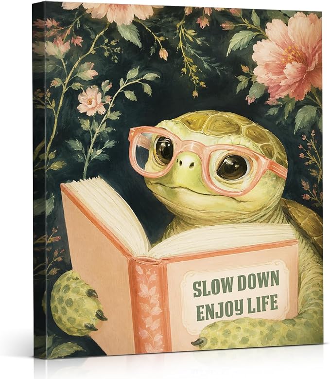 NSFBESSLIA Funny Reading Turtle Painting, Whimsical Floral Animal Decor, Slow Down Enjoy Life, Vintage Cottagecore Wall Art for Living Room Bedroom Entryway, 8x10 Inch