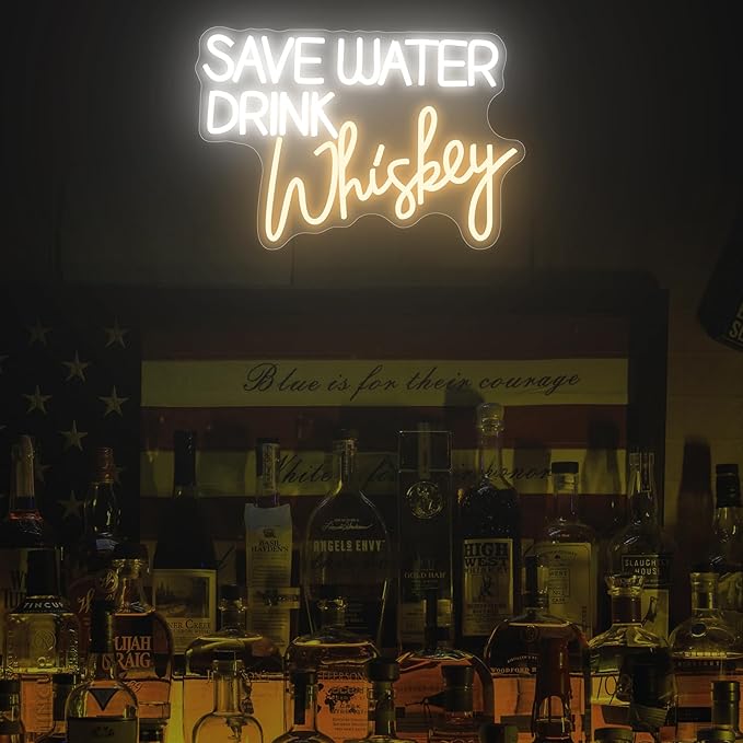 Save Water Drink Whiskey Neon Sign, Neon Signs for Wall Decor, Dimmable Led Signs for Bedroom, Light Up Signs for Home Bar Man Cave Pub Restaurant Bistro Club Birthday Party Decorations Gifts