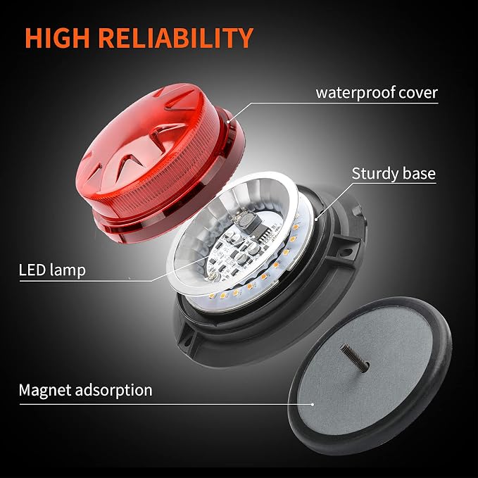 Red Led Emergency Strobe Beacon Lights for Car Vehicles 12V 24V 24-LEDs | Magnetic Mount, 8 Flash Model, Warning Safety Flashing, Rooftop Signal Lamp for Forklife Construction Truck Tractor Golf SUV