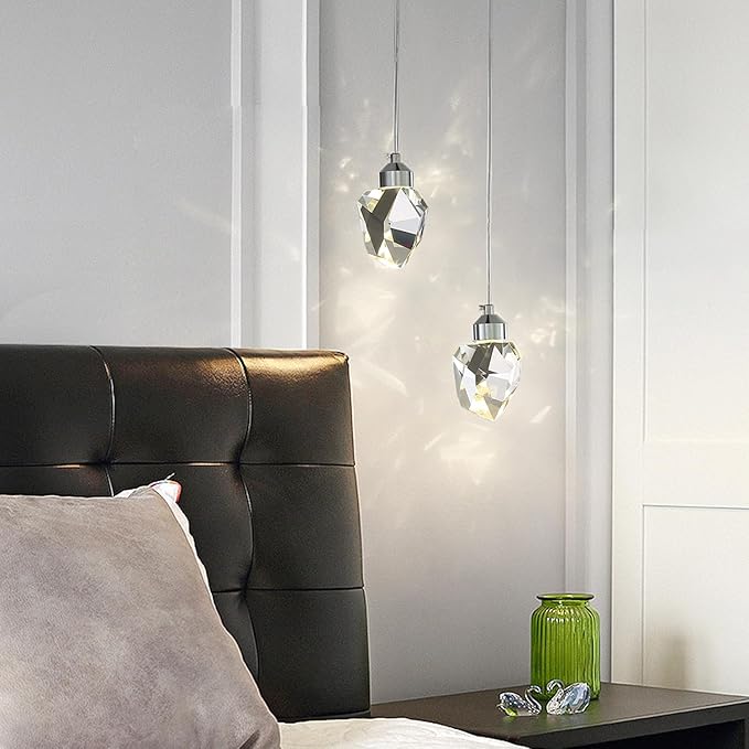 Modern Crystal Pendant Light, Silver Crystal Pendant Light LED 3 Colors for Kitchen Island Bedroom Living Room Dining Room Lighting (Round Base with 2 Heads)