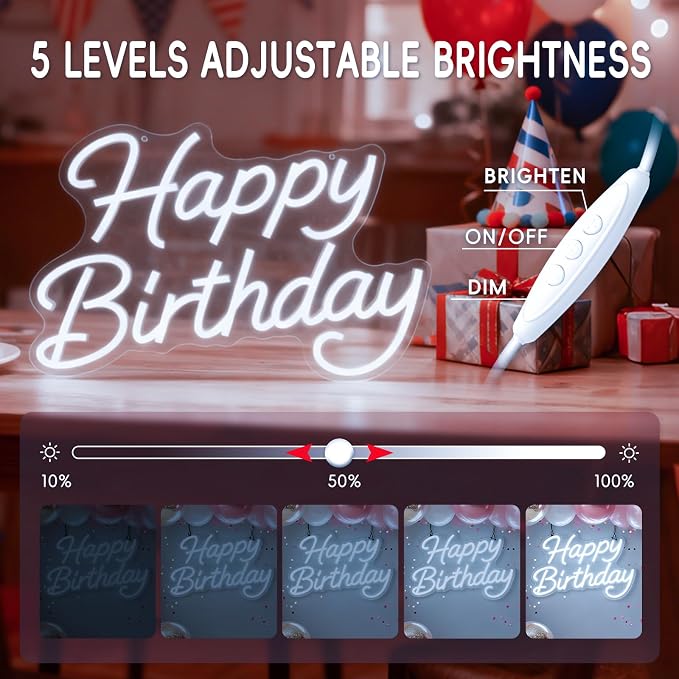 Happy Birthday Neon Sign for Backdrop Dimmable Happy Birthday Light Up Sign | LED Cool White Neon Happy Birthday Sign for Birthday Party Backdrop, Any Ages Bday Party Celebration, USB Powered, Hanging