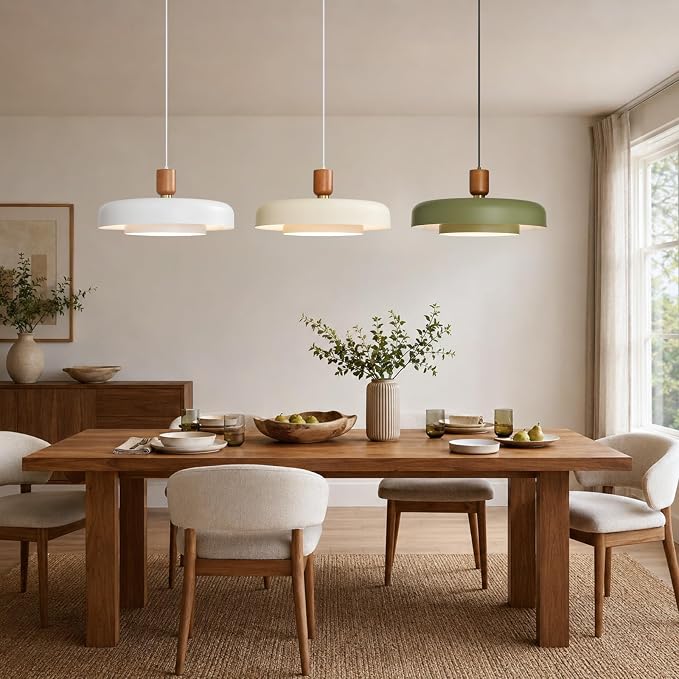 Mid Century Green Pendant Light: 20" 2-Tiered Lighting Over Kitchen Island | Wood Brushed Brass Hanging Ceiling Light, Modern Nordic Metal Pendant Light, For Dining Room Sink Bedroom Hallway Entryway