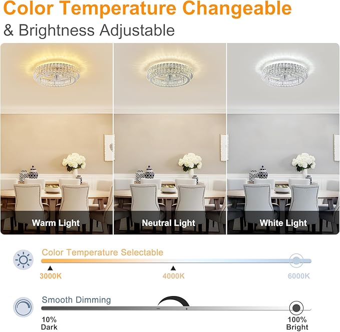 Fandelier Ceiling Fan with Lights and Remote Control Dimmable Crystal Ceiling Fan LED 3 Color 6 Speeds Chandelier Fan Bedroom Kitchen Living Room
