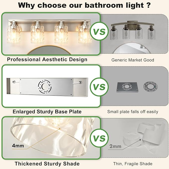 Modern Bathroom Lighting Fixtures Over Mirror, Vanity Lights for Bathroom, Wall Sconces with Clear Glass Shades, E26 Ceramic Socket, 4-Light 27.5-inch Brushed Nickel