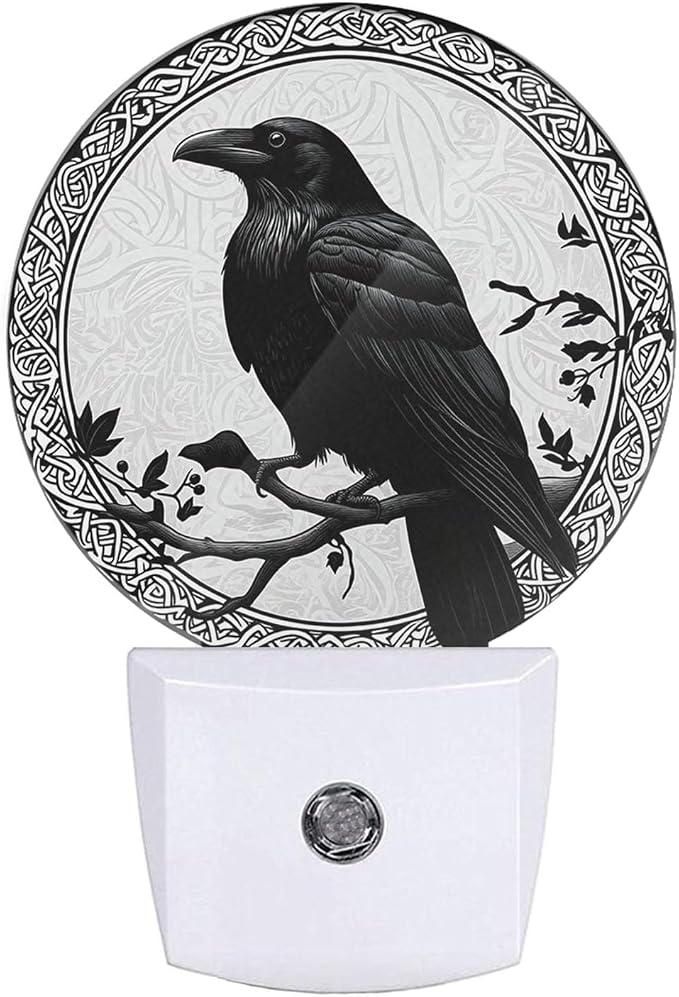 Black Crow on Oak Tree Branch Night Lights Plug into Wall Halloween Night Light Dusk to Dawn Sensor for Bedroom Living Room, LED Lighting 0.5W Sleep Friendly