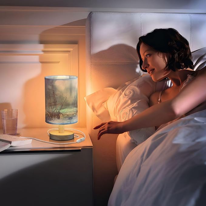 Table Lamp Octopus Pirate Ship Sea Monster Tentacle Sailboat Night Ocean Wave Nightstand Lamp with Wood Base Fabric Lamp Shade Bedside Desk Lamp for Living Room Bedroom Kids Room Office