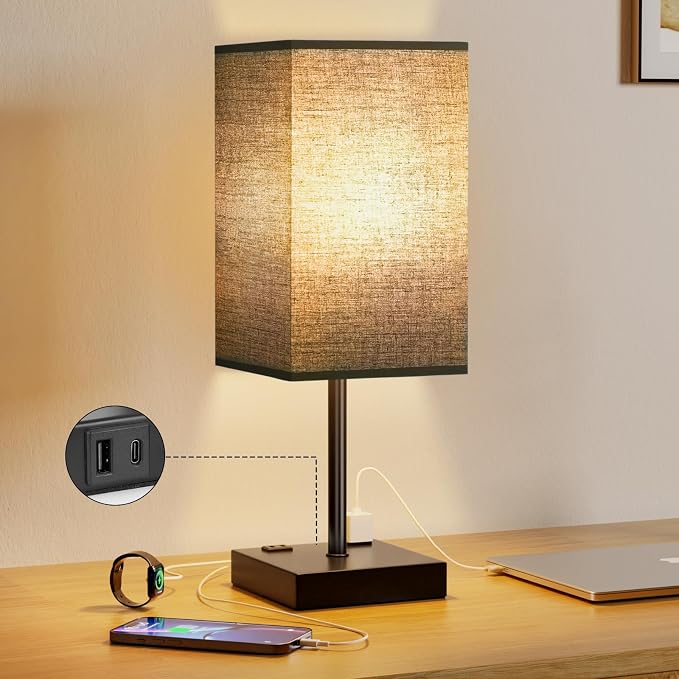 17.4" Black Bedside Table Lamp for Bedroom, Dimmable, USB C+A, 2 AC Outlets | 3-Way Touch Dimming, 3000K Warm White Bulb Included, Nightstand Lamp with Square Linen Shade, Room Decor for Men, Boys, Desk
