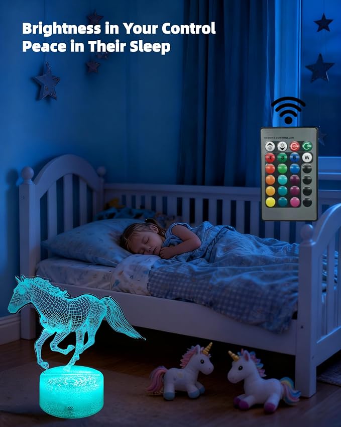 Horse 3D Illusion Night Light, 2 Patterns, Girl Gift Lamp | 16 Colors Changing, Dimmable, Touch & Remote Control, Room Bedroom Decor, Birthday Christmas Toy Stuff for Kid Teenage