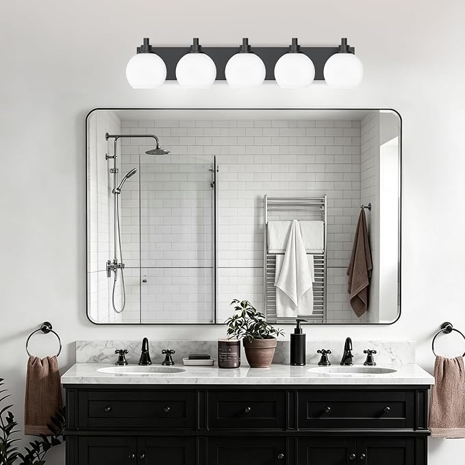 IZORRO Bathroom Light Fixtures, 5-Light Matte Black Vanity Light, Modern Wall Sconces with Globe Milk White Glass Shade, Vanity Lighting Fixtures Over Mirror,E26 Bulb Socket