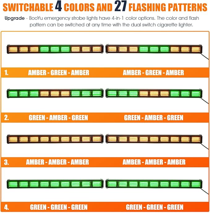 BooYu [Upgraded Switchable 4 Colors Emergency Strobe Traffic Advisor Light Bar 162 LED Windshield 2 in 1 Visor Safety Warning Hazard Flashing Lights for Firefighter Police Truck Vehicle (Amber/Green)
