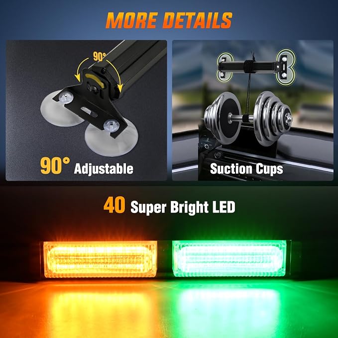Nilight 40LED Amber Green Emergency Strobe Traffic Advisor Light Bar with Suction Cups Dash Safety Warning Hazard Flashing Lights Interior Front/Rear Windshield for Trucks Construction Vehicles | with Suction Cups Dash Safety Warning Hazard Flashing Li...