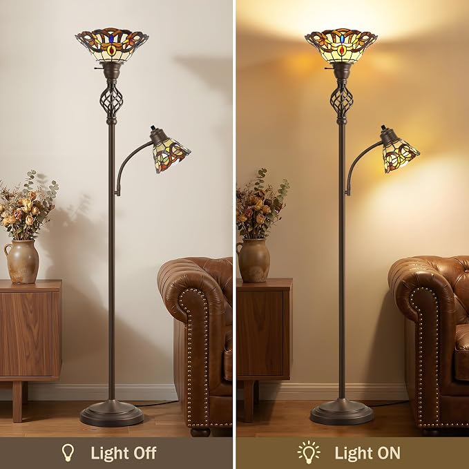 Tiffany Floor Lamp, Torchiere Floor Lamps with Stained Glass Shade, 70" Tall Standing Lamp with Adjustable Gooseneck Reading Lamp for Living Room Bedroom Office, Bulbs Included