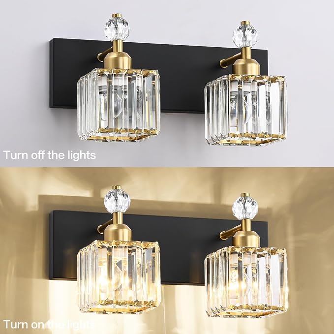 PRESDE Crystal 2 Light Bathroom Vanity Lights Black and Gold Bathroom Lights Fixtures Over Mirror Modern Bedroom Hallway