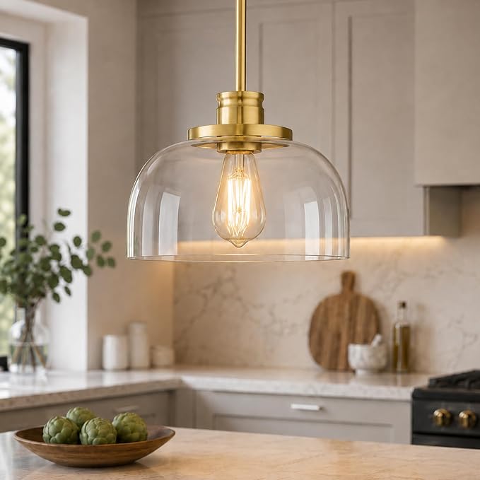 Emak 10 Inch Pendant Lights Kitchen Island, Brushed Gold Pendant Light Fixtures with Clear Glass Shade, Modern Island Lights for Kitchen, Dining Room, Bathroom, PL131-BGD-CG