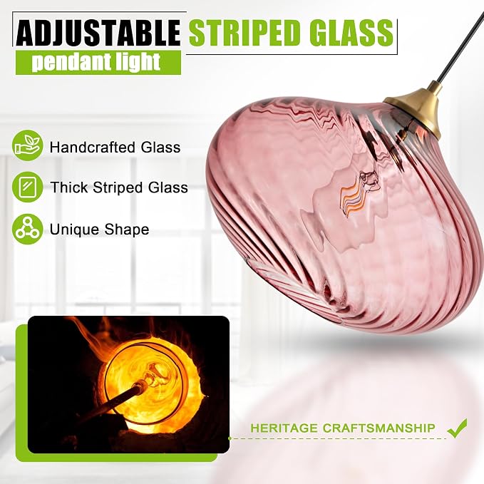 11in Gold Pendant Lights Kitchen Island with Purple Pink Glass Shade 1Pack | Handcrafted Glass Pendant Light Fixtures, UL Certified, E26 Base 100W Max, Height-Adjustable, Dimmable Hanging Pendant Light