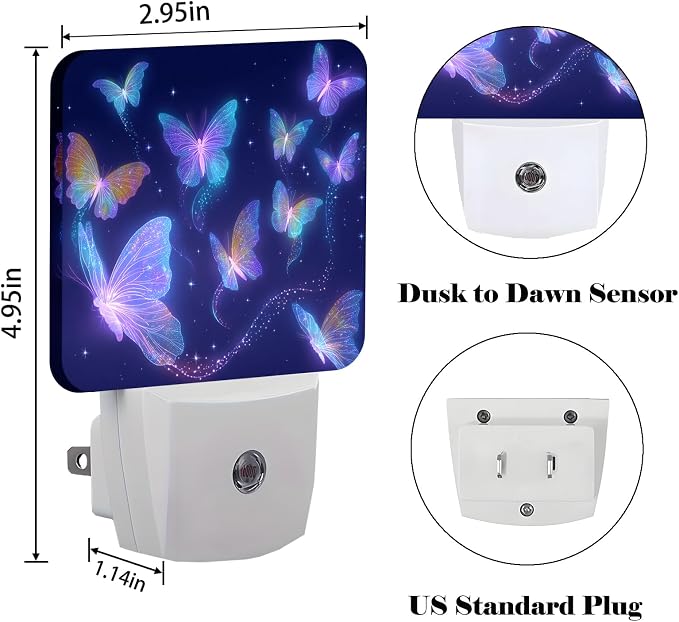 Glowing Purple Butterflies Night Light,Plug Into Wall Decor for Stairway,Hallway,Kitchen,Dusk to Dawn Sensor Nightlights for Boys/Girls/Women/Men Room Gifts
