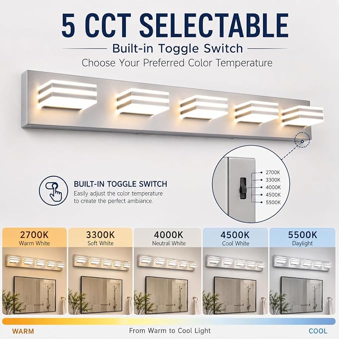 Yumecrelect 5-Light Brushed Nickel Vanity Light Fixture, 34 Inch 40W 5CCT Dimmable LED Bathroom Wall Light with Clear Acrylic Shade, Hardwired Over Mirror Lighting for Master Bath