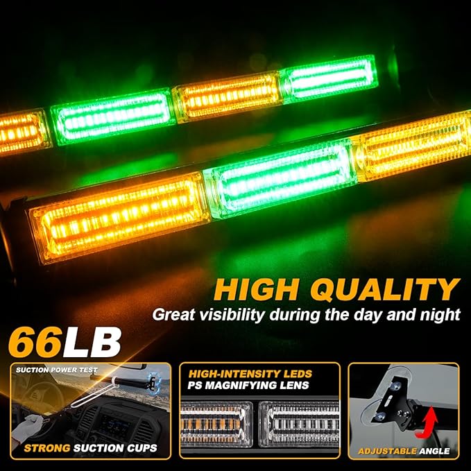 Emergency Dash Strobe Lights Warning Hazard Safety Front/Rear Interior Windshield Lights w/Suction Cups Deck Split Mount for Vehicles Trucks Volunteer Vehicles 2x17.7, Amber/Green