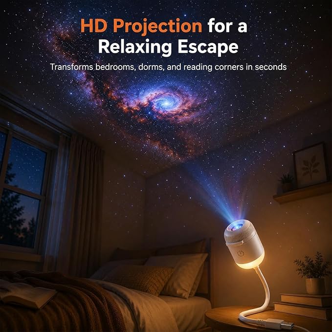 5D Holographic Night Light Projector, Plug and Play HD Star Galaxy Projector with Flexible Gooseneck & Adjustable Brightness, 2-in-1 Galaxy Star Projector, 360 Rotating, USB Powered，with 24 Films