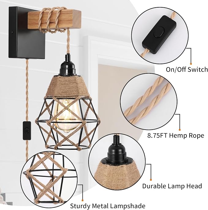foucasal Plug-in Wall Sconces Set of Two, Rustic Farmhouse Wall Lamp | 8.75FT On/Off Switch Cord, Indoor Rustic Wall Mounted Lamps Set of 2 for Bedroom, Living Room, Bathroom, Entryway, Porch