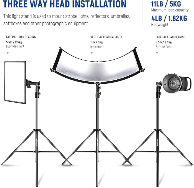 NEEWER 9.2ft/2.8m Air Cushioned Light Stand, Heavy Duty Metal Photography Tripod Stand with 1/4" to 3/8" Reversible Spigot, 3 Way Mounting Interface & Metal Locking Knobs, Max Load 5.5lb/2.5kg