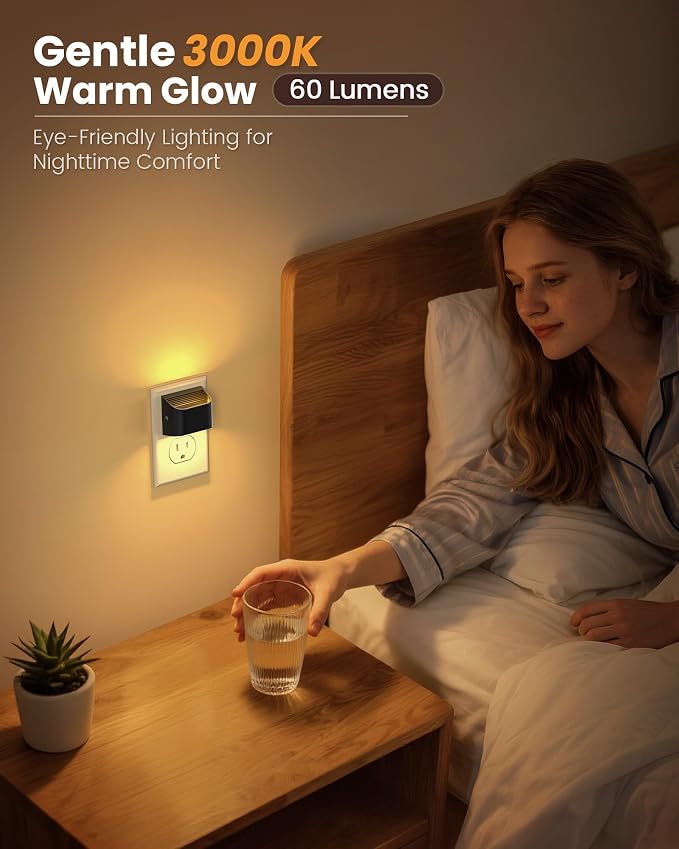 Night Lights Plug Into Wall, Auto On/Off, 4 Pack, Black, 3000K | Auto Brightness Sensor Night Light, Warm White, Ultra-Slim Wall Light for Bedroom Hallway Bathroom Stairs