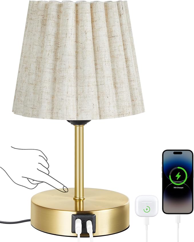Small Bedside Table Lamp, Touch Dimmable Table Lamp with USB Ports, Nightstand Lamp with a Stepless Dimming LED Bulb, E26 Base, for Bedroom, Study, Desk, Gold and Beige DE16TL05