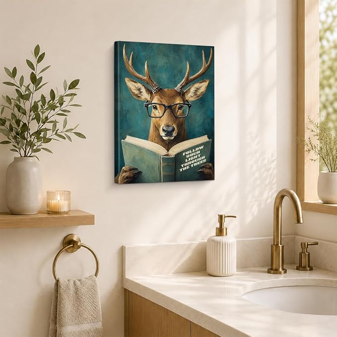 NSFBESSLIA Funny Reading Deer Painting, Whimsical Vintage Animal Decor, Follow Your Light Through The Trees, Motivational Wall Art for Living Room Bedroom Entryway, 8x10 Inch