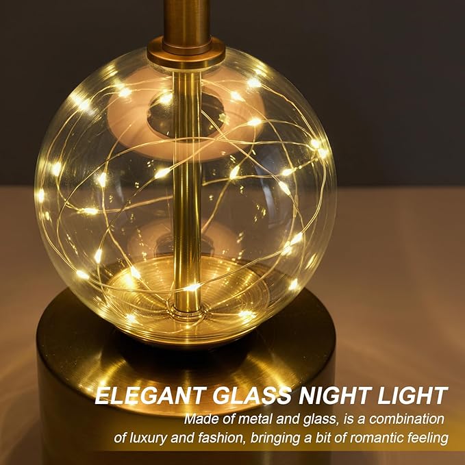 20.5" Small Bedside Table Lamps for Bedroom Nightstands, Gold Glass Modern Table Lamps Set of 2 with USB A+C Charging Port, Night Light, Luxury Lamps for Living Room End Table(Bulbs Included)