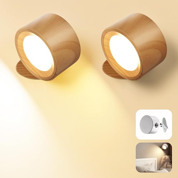 Wall Mounted Lamp, Rechargeable Battery Operated Wall Lights, Wood-2 Pack | Rechargeble Renter Friendly, 3 Color Temperatures & 3 Brightness Levels 360°Rotate Magnetic Ball, Sconces for Reading Bedroom