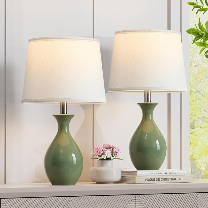 Table Lamp Set of 2, Modern Ceramic Bedside Lamps for Night Stands, Classic Small Lamp Nightstand Lamp for Bedroom Living Room Desk End Table Rocker Swtich Sage Green