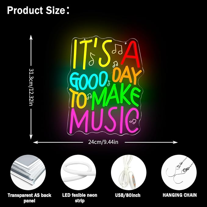 It's A Good Day to Make Music Neon Sign for Wall Decor Music Led Sign Dimmable Teacher Neon Light up Signs for Classroom Musician Room Band Studio Bar Back To School Decor Bedroom House Gifts