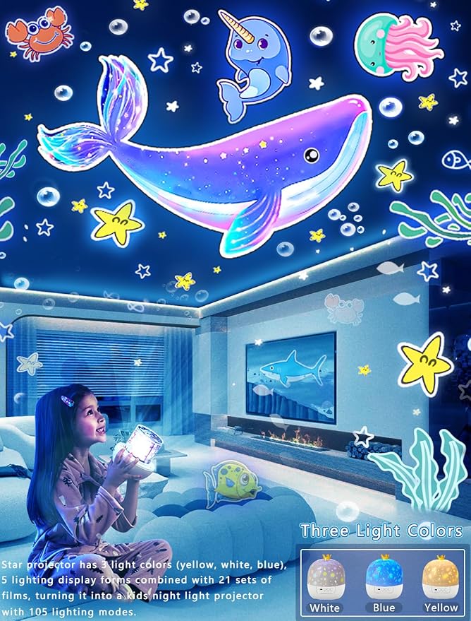 21 Sets of Films, Projector Night Light for Kids Bedroom, Ceiling, Kids Night Light Projector, Star Galaxy Projector with 360° Rotation Dimmable for Girls, Birthday, Christmas, Nursery, Room Decor