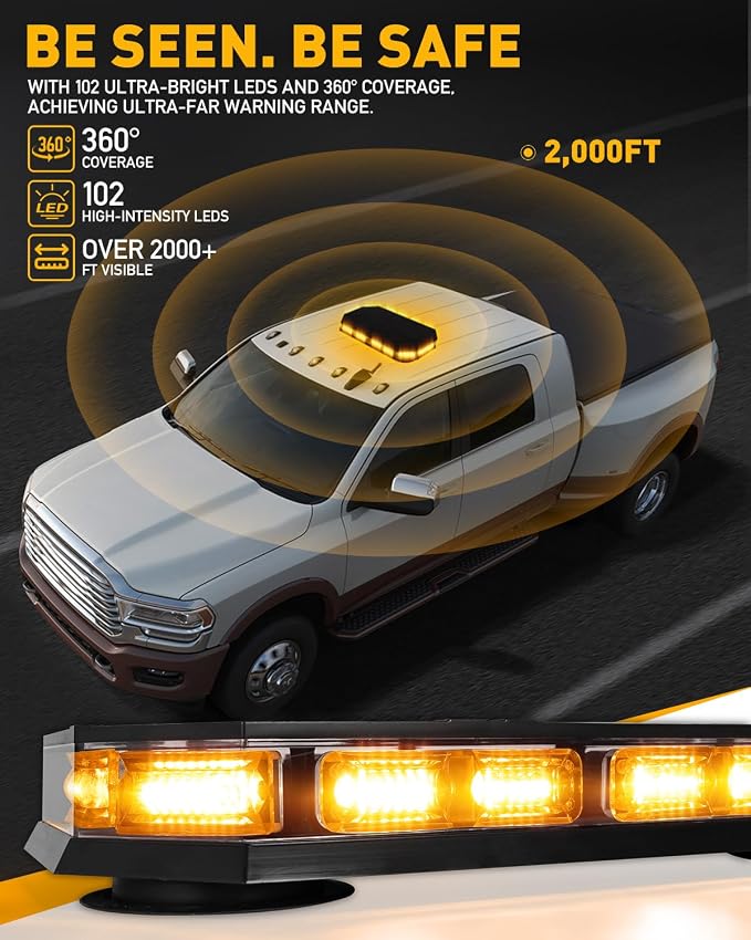 HLauto 406D Rooftop Emergency Strobe Lights Bar, 102 LED Amber Mini Beacon Safety Flashing Warning Traffic Lights Bar w/Magnetic Base for 12-24V Trucks, Construction Vehicles, Snowplow, Cars