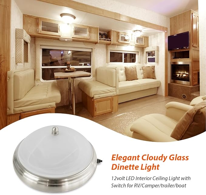 RV Ceiling Dinette Light LED 12v Camper Dining Table Lights Fixture Interior 9inch Round Dome Lamp with Switch 9W 450lumens 3500K Warm White Lighting (1 Light)