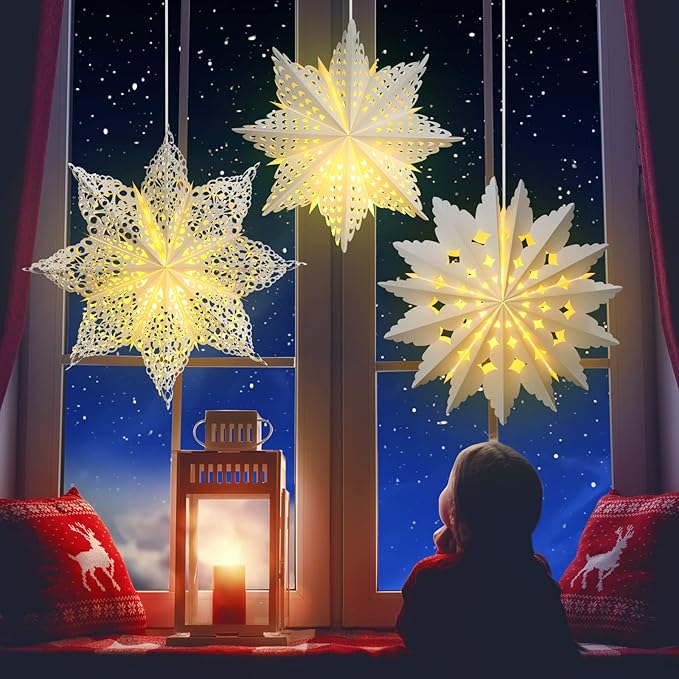 Mudder 5 Pieces Large Christmas Snowflake Paper Lantern with 7 Light 23.6/17.7 Inch Star Paper 3D Hanging Lantern Lamp Party Decoration for Weddings Holiday Xmas Trees(Fresh Style,White)