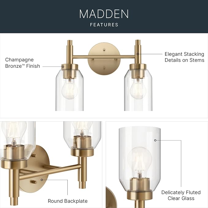 Kichler Madden 2-Light Bathroom Vanity Light, Champagne Bronze | Modern vanity light with clear glass for single or double bathroom mirrors (14.25" x 10.5"), 55184CPZ