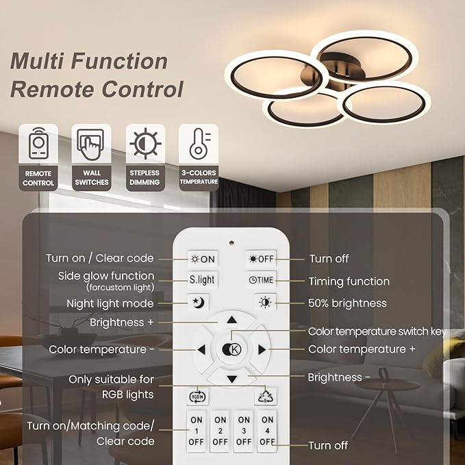 Modern LED Ceiling Lights Fixture Black Dimmable Acrylic 4 Rings Ceiling Lights Remote Control Dimmable Flush Mount Ceiling Lamp for Dining Room, Kitchen, Bedroom, Office(28.74inch)