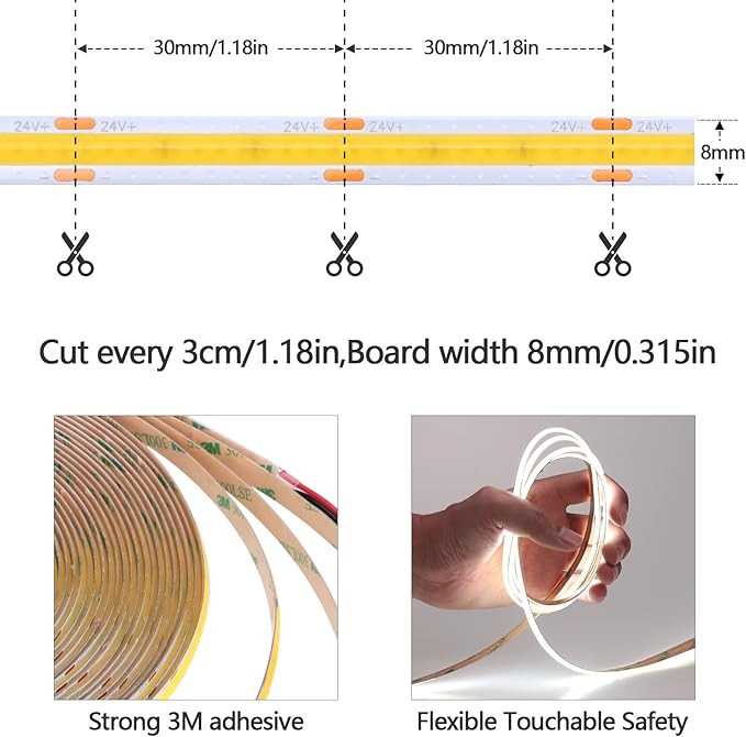 49.2ft/15M DC 24V COB LED Strip Light Cool White 6000K 5760LEDs CRI 93+ 11000lm Uniform Glow IP20 Not Waterproof Flexible LED Tape Lights for DIY Cabinet Bedroom Home Decor(No Power Supply)