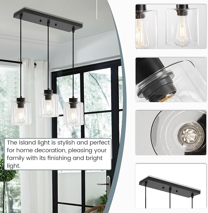 3-Light Pendant Light Fixtures with Clear Glass, Black Hanging Light Fixture for Ceiling, Adjustable Kitchen Island Light for Dinning Room, Bedroom,Hallway, E26 Base, Bulbs Not Included