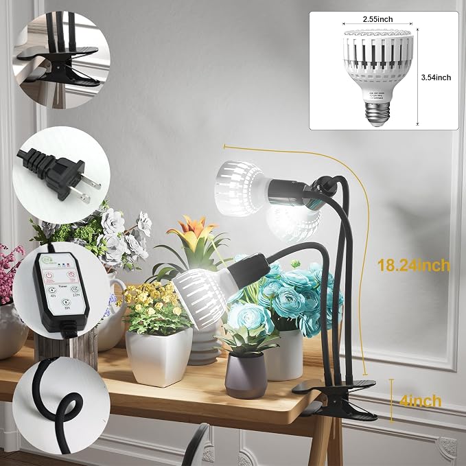 Grow Light,24W (160Watts Equiv) 5000K White Full Spectrum LED Growing Lamp Clip on Desk for Indoor Plants,Bulbs Replaceable & Non-dimmable (Black, 240W)