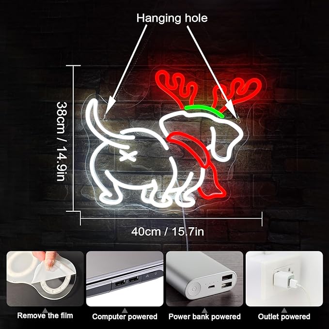 NOSUN Christmas Neon Sign Christmas Dog Elk Horn Neon Sign Dimmable LED Lights for Wall Decor Puppy Dachshund Puppy with Santa Hat Neon Lights Home Kids Bedroom Pet Shop
