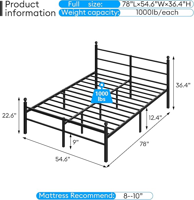 Full Size Bed Frame with Headboard - Metal Platform Bed with LED Lights, Charging Station, Under Bed Storage and Heavy Duty Steel Slats Support - No Box Spring Needed, Easy Assembly, Black