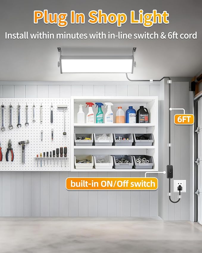 100W LED Shop Lights with 6FT Cord, Swtich, 12000LM Plug in Garage Light, 5000K Daylight Shoplighting for Garage, Workshop, Warehouse, Indoor (2 Pack)