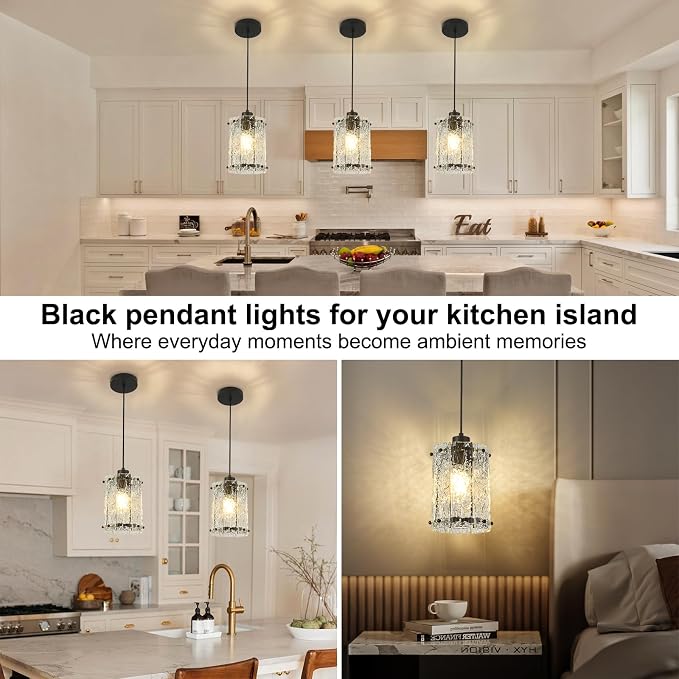 Black Pendant Lights Kitchen Island 1 Pack Modern Water Ripple Glass Pendant Lights Fixtures Round Adjustable Hanging Pendant Lighting for Kitchen Island Dining Room Over Sink Table Entryway