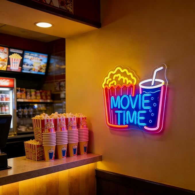 Movie Time Neon Sign with Popcorn & Drink - Dimmable LED Light for Home Theater & Movie Night Room Decor | Gift for Film Lovers (15x12”)
