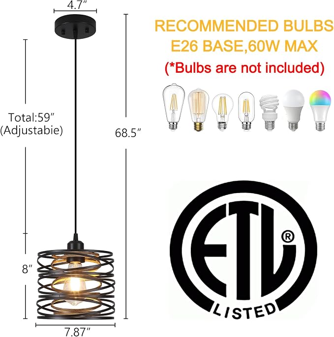 Pendant Lights Kitchen Island - Metal Hanging Light Fixtures Wood Farmhouse Pendant Lighting for Dining Room Bedroom Bar Office, Industrial Black, 2 Pack - ETL Certified