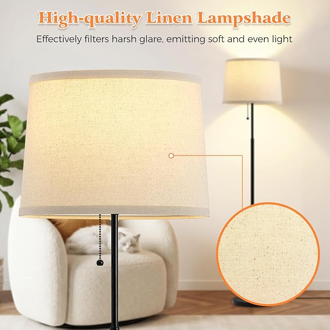 Floor Lamps for Living Room & Bedroom, 60" Modern Tall Standing Lamp, 3CCT | Lamps for Office, Classroom, Bedside, Linen Lampshade, Pull Chain Switch, Modern Design, Anti-glare Lighting, Easy Assembly